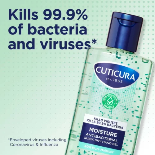 Cuticura Moisture Antibacterial quick dry hand gel kills 99.9% of bacteria and viruses