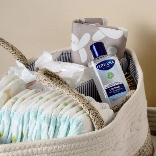 Cuticura Original Antibacterial quick dry hand gel 100ml in a nappy bag for a child