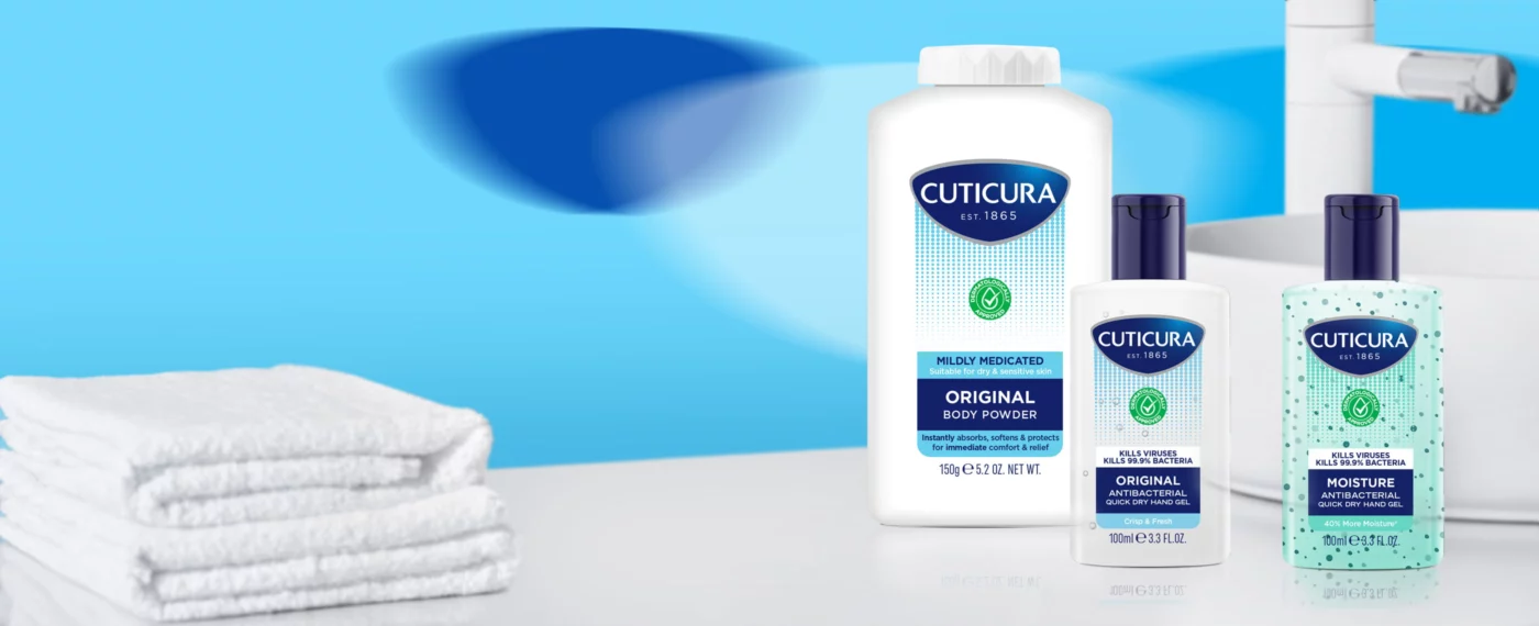 Cuticura Body Powder 150g, Original Hand Gel 100ml and Moisture Hand Gel 100ml