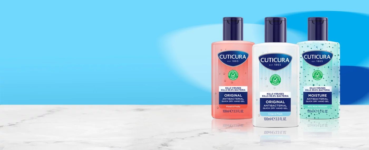 A range of Cuticura Hand Gels including Original, Moisture and Floral & Fruity Hand Gels.